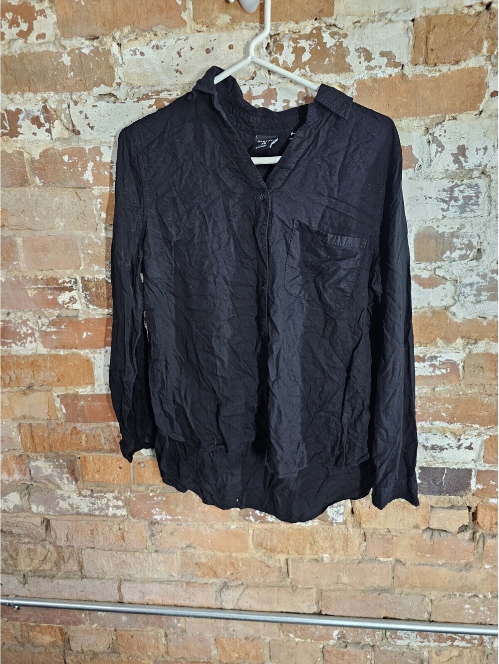 George Womens M Black Rayon Button Down Blouse Long Sleeve Pleated Back Goth